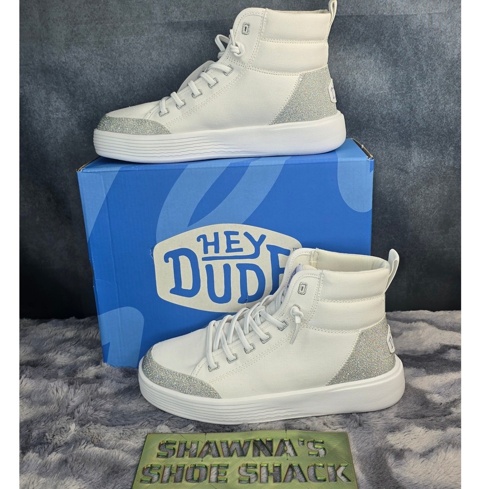 NWB Hey Dude Cody Hi Sparkle White Glitter High Top Sneakers youth Size 5